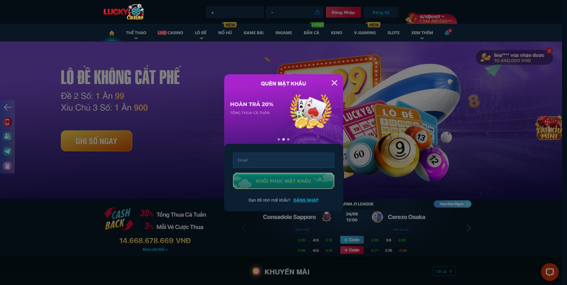 Quên mật khẩu tài khoản tại nhà cái Lucky88